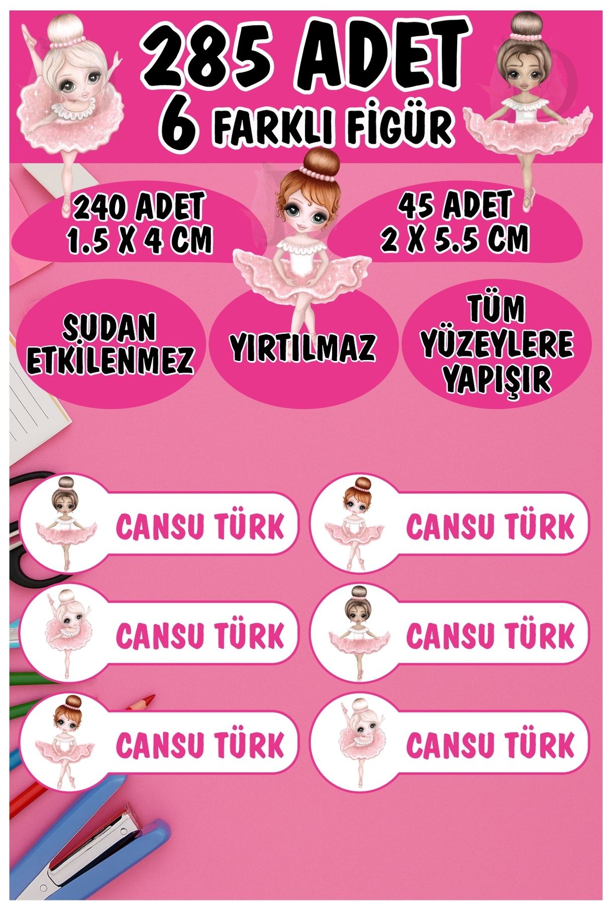 KT Decor Okul Etiketi Kalem Defter Etiketi Balerin Kızlar Özel Isimli Etiket 6 Figür - 285 Adet