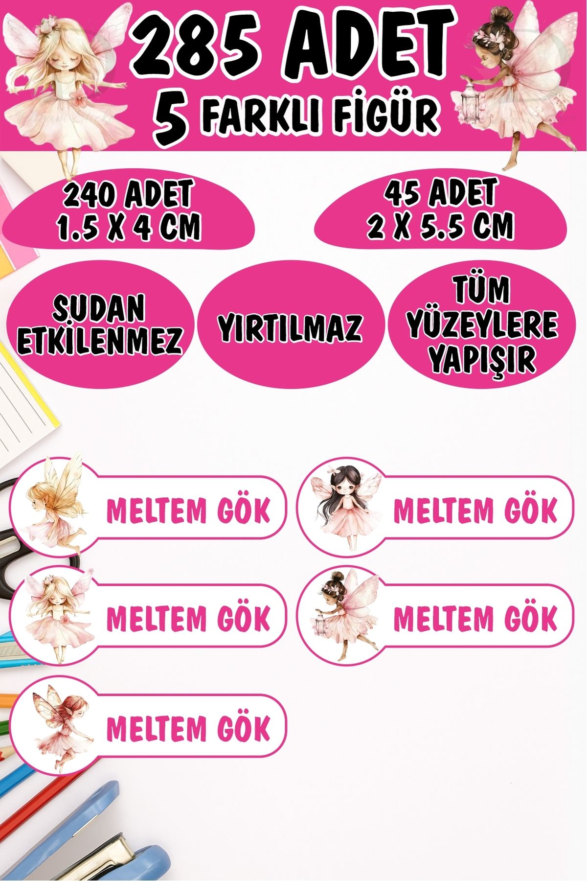 KT Decor Okul Etiketi Kalem Defter Etiketi Peri Diyarı Özel Isimli Etiket 5 Figür - 285 Adet