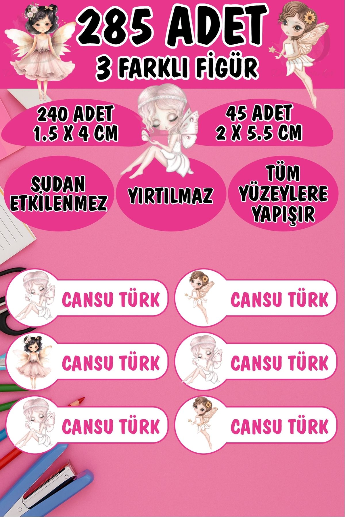 KT Decor Okul Etiketi Kalem Defter Etiketi Sevimli Peri Kızları Özel Isimli Etiket 6 Figür - 285 Adet