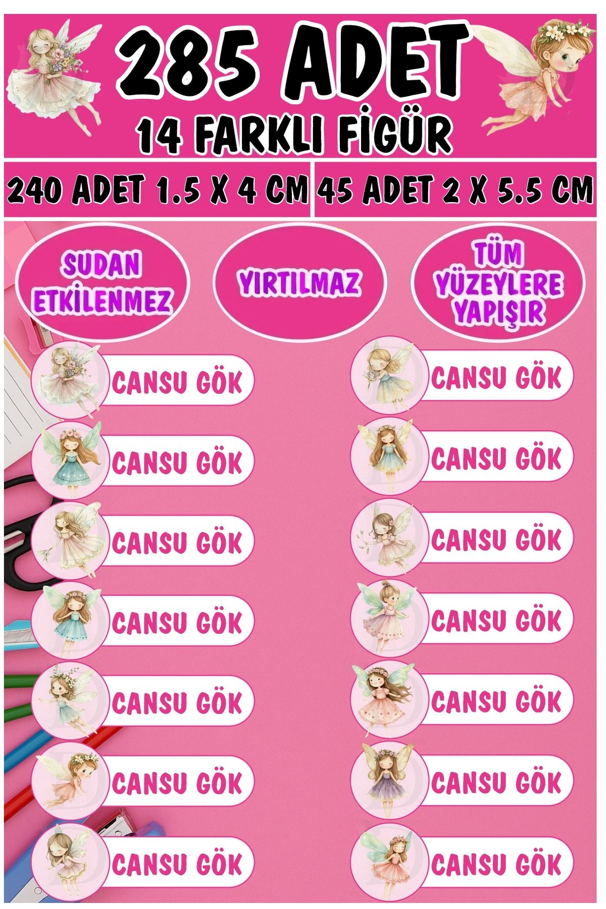 KT Decor Okul Etiketi Kalem Defter Etiketi Peri Koleksiyonu Özel Isimli Etiket 14 Figür - 285 Adet