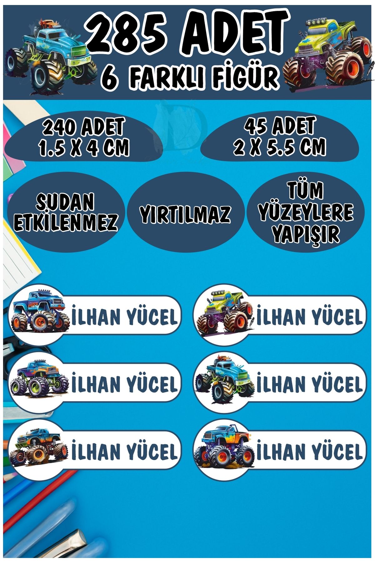KT Decor Okul Etiketi Kalem Defter Etiketi Monster Arabalar Özel Isimli Etiket 6 Figür - 285 Adet