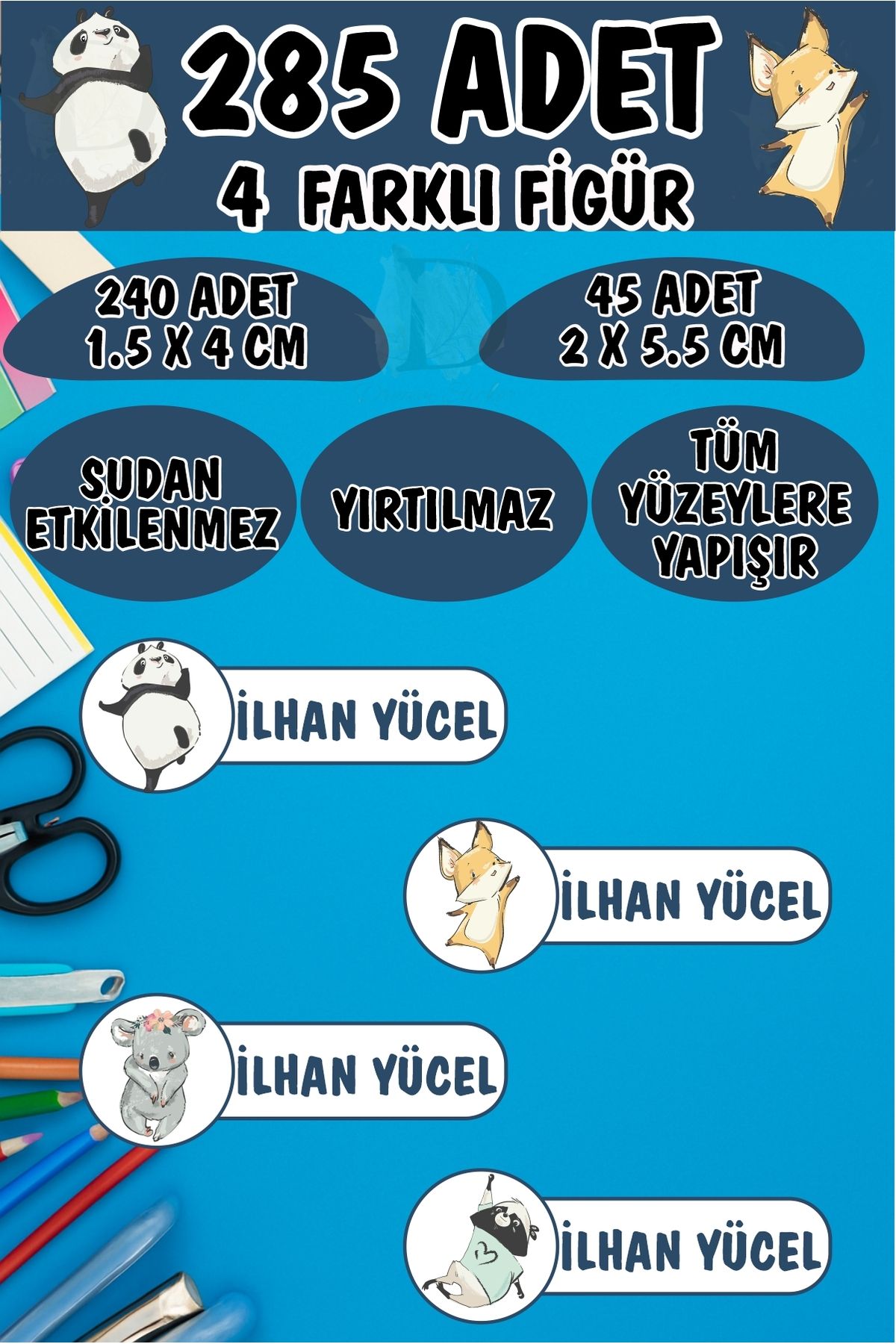 KT Decor Okul Etiketi Kalem Defter Etiketi Komik Hayvanlar Özel Isimli Etiket 4 Figür - 285 Adet
