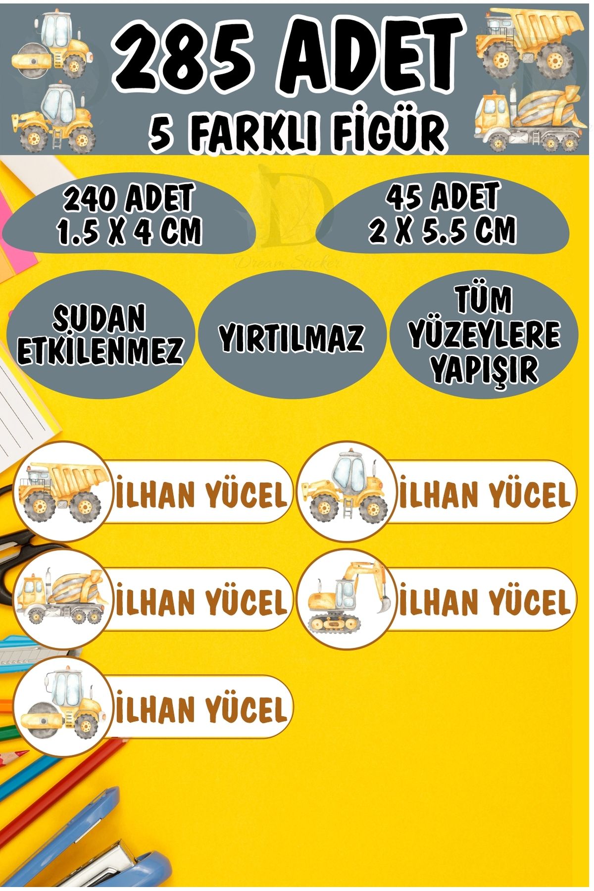 KT Decor Okul Etiketi Kalem Defter Etiketi İş Makineleri Özel Isimli Etiket 5 Figür - 285 Adet