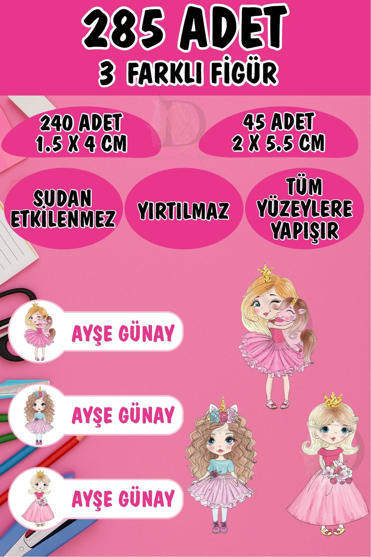 KT Decor Okul Etiketi Kalem Defter Etiketi Prensesler Temalı Özel Isimli Etiket 3 Figür - 285 Adet