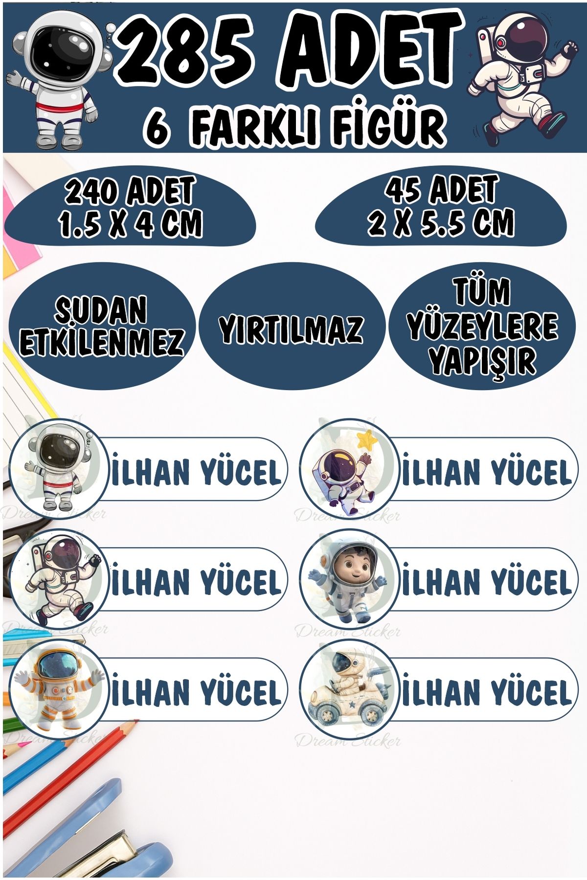 KT Decor Okul Kalem Defter Etiketi Minik Astronotlar Özel Isimli Etiket 6 Figür - 285 Adet