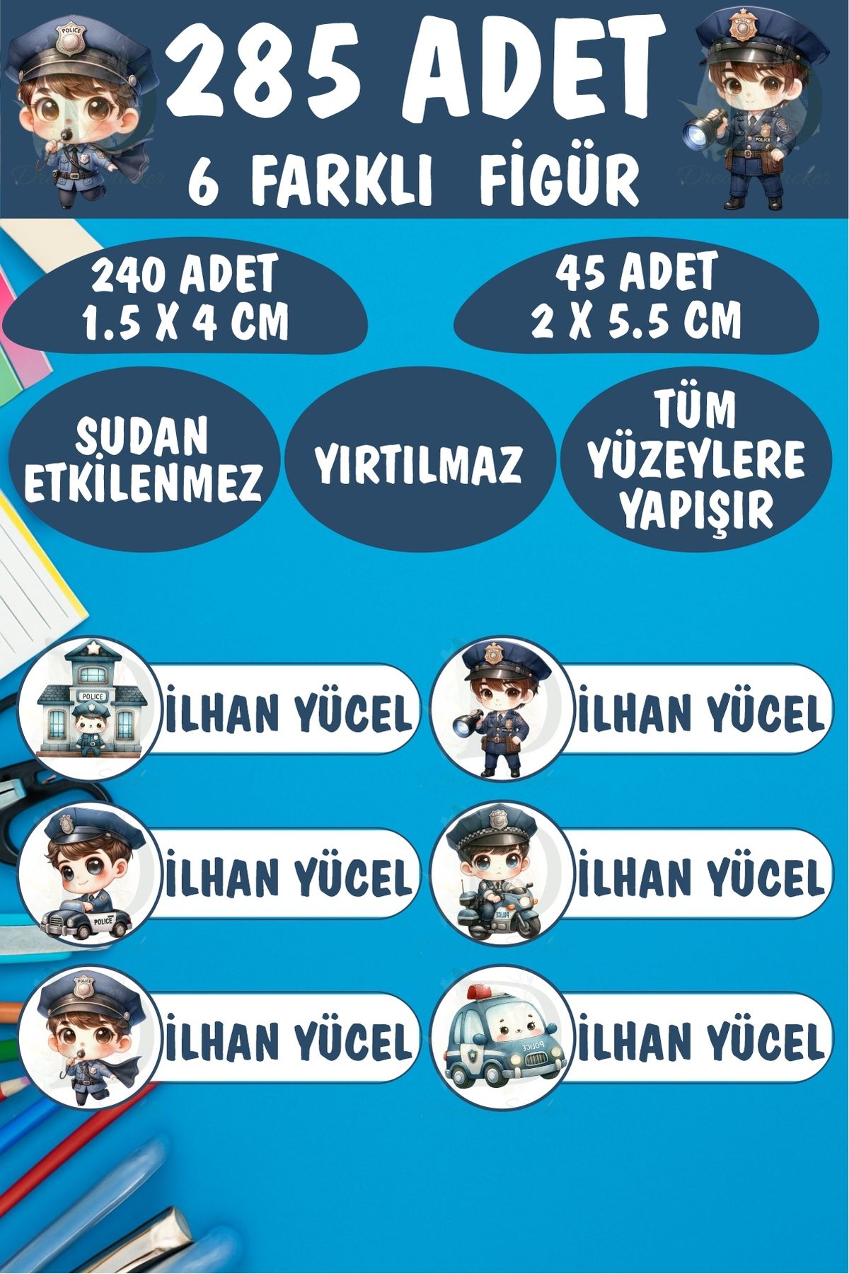 KT Decor Okul Etiketi Kalem Defter Etiketi Sevimli Polisler Özel Isimli Etiket 6 Figür - 285 Adet