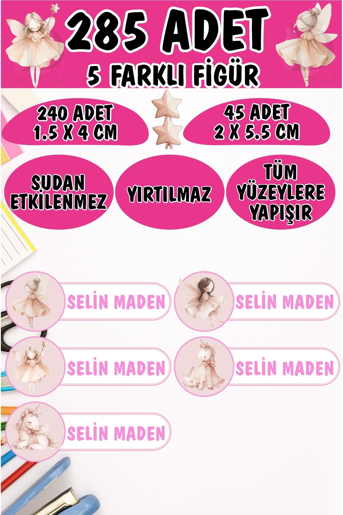 KT Decor Okul Kalem Defter Etiketi Soft Renk Periler ve Unicornlar Özel Isimli Etiket 5 Figür - 285 Adet