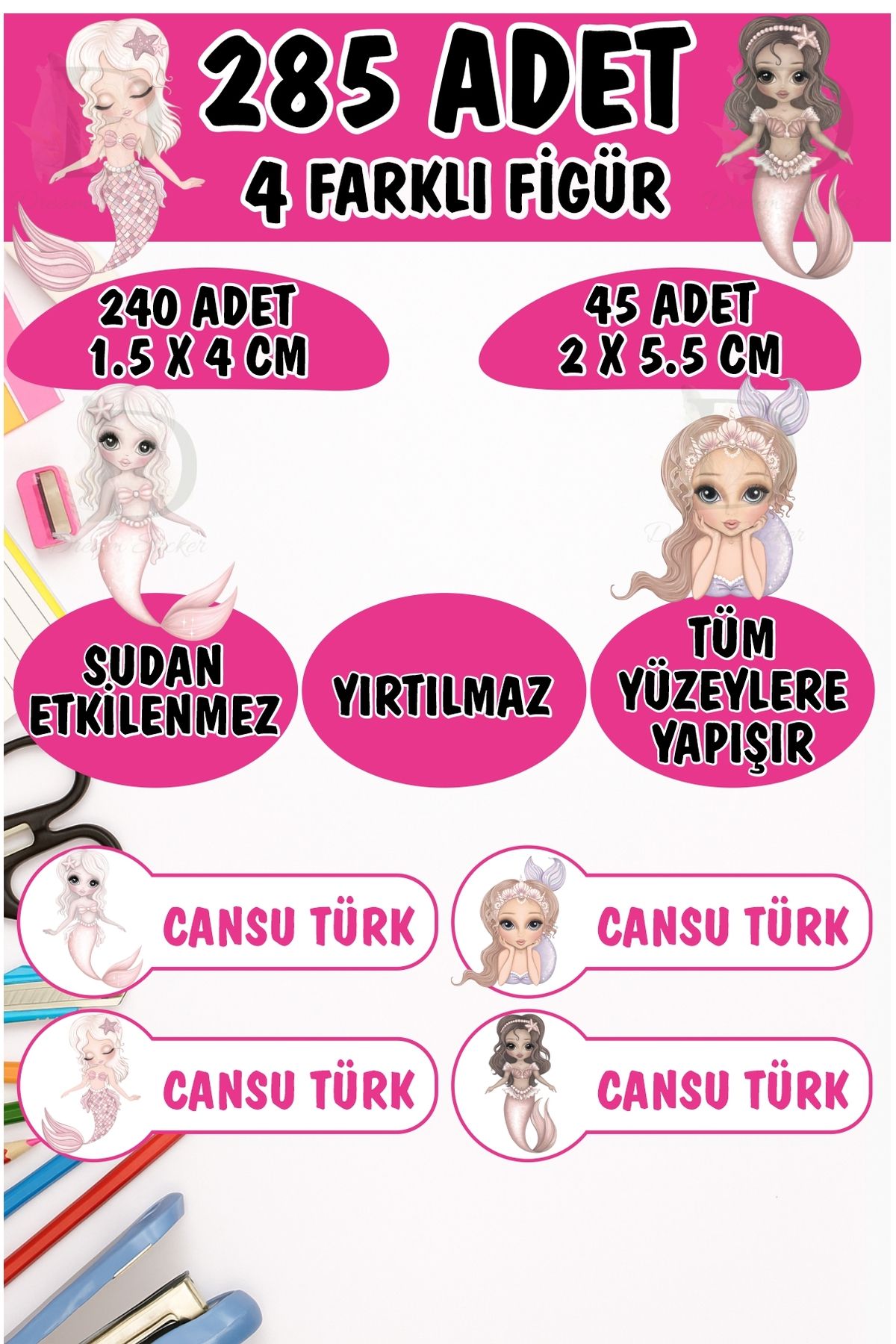 KT Decor Okul Etiketi Kalem Defter Etiketi Sevimli Deniz Kızları Özel Isimli Etiket 4 Figür - 285 Adet