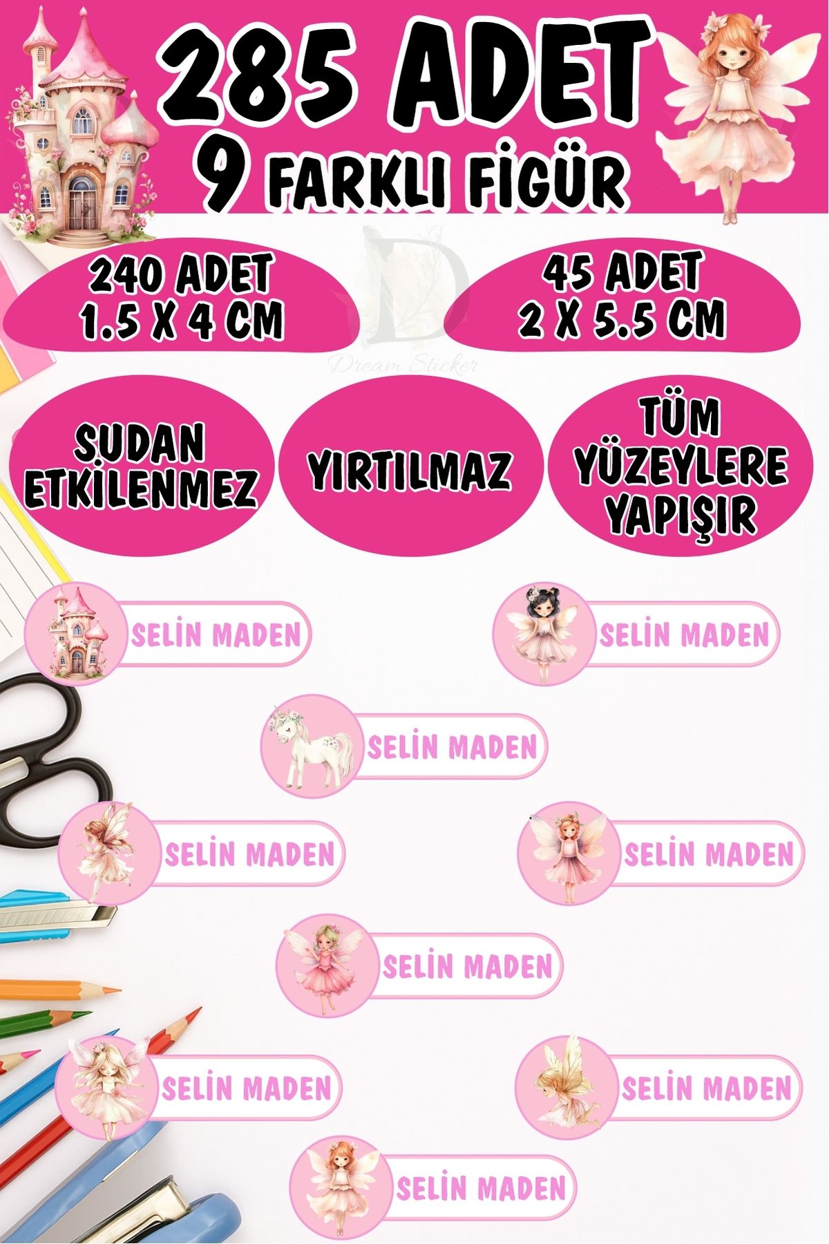 KT Decor Okul Etiketi Kalem Defter Etiketi Periler Özel Isimli Etiket 9 Figür - 285 Adet