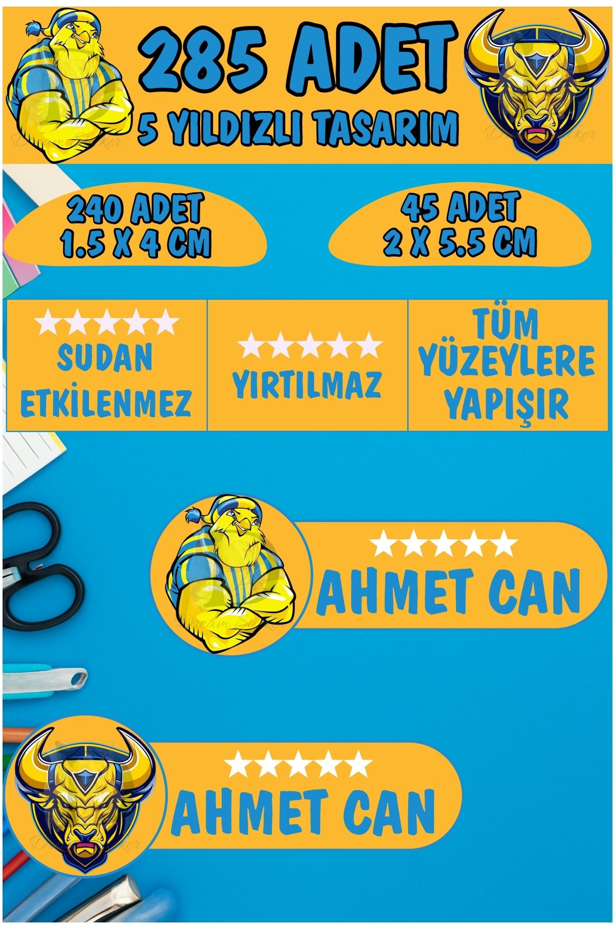 KT Decor Okul Etiketi Kalem Defter Etiketi Sarı Lacivert Sevda Özel Isimli Etiket 2 Figür - 285 Adet