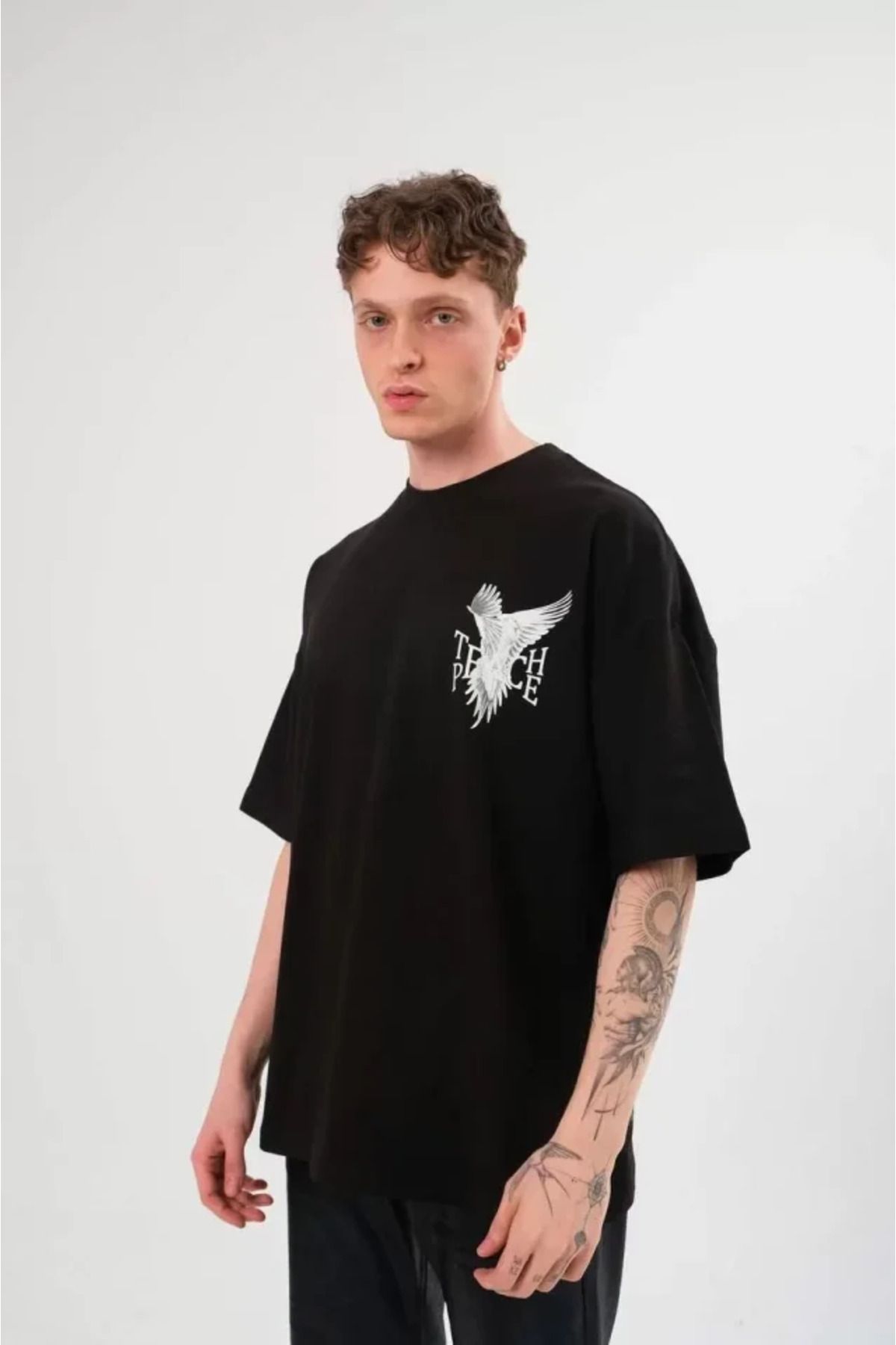 DEAG Unisex Bisiklet Yaka Baskılı Oversize T-Shirt - Siyah