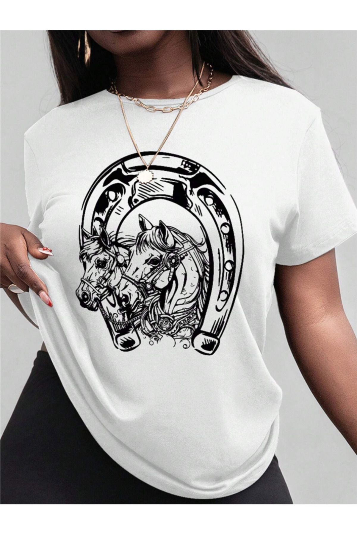COHERENT Unisex Erkek/Kadın HORSESHOE Özel Baskılı Oversize Pamuklu T-Shirt