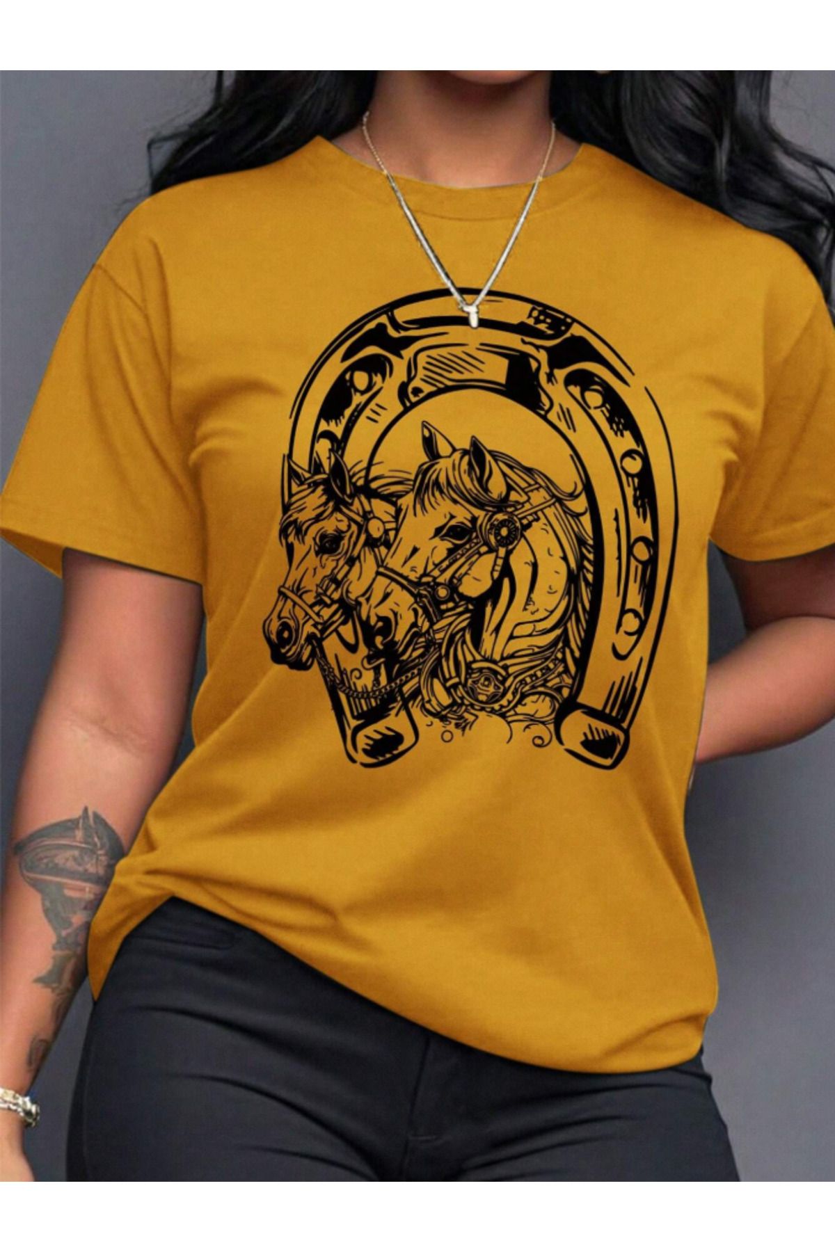 COHERENT Unisex Erkek/Kadın HORSESHOE Özel Baskılı Oversize Pamuklu T-Shirt