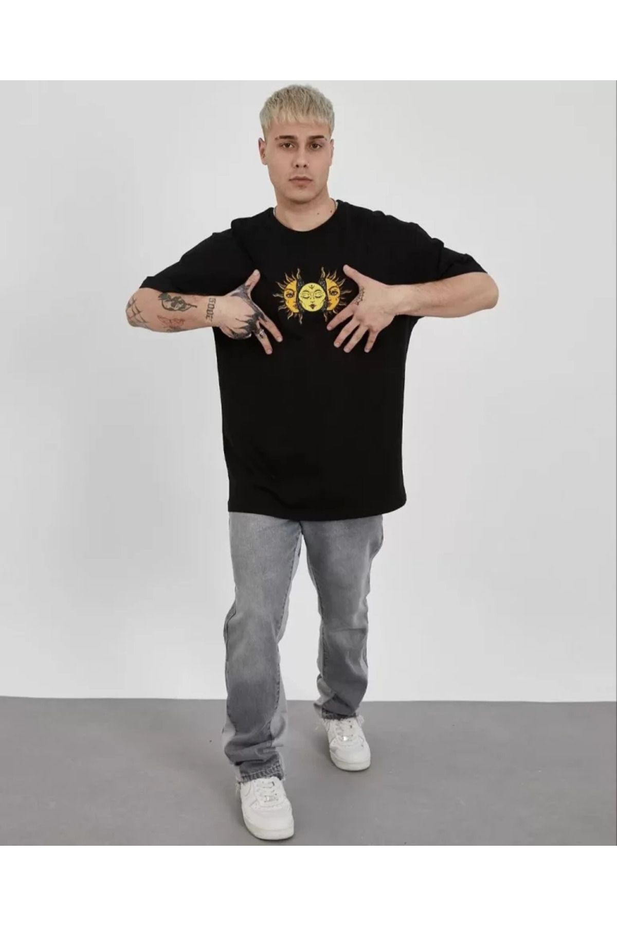 DEAG Unisex Bisiklet Yaka Baskılı Oversize T-Shirt - Siyah