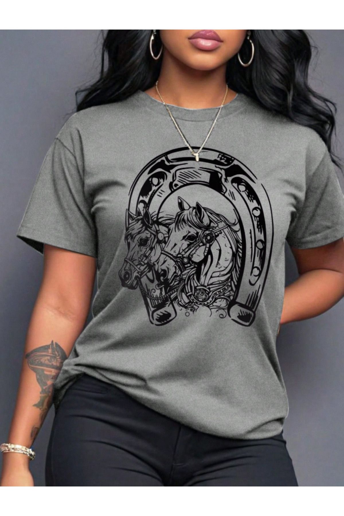 COHERENT Unisex Erkek/Kadın HORSESHOE Özel Baskılı Oversize Pamuklu T-Shirt
