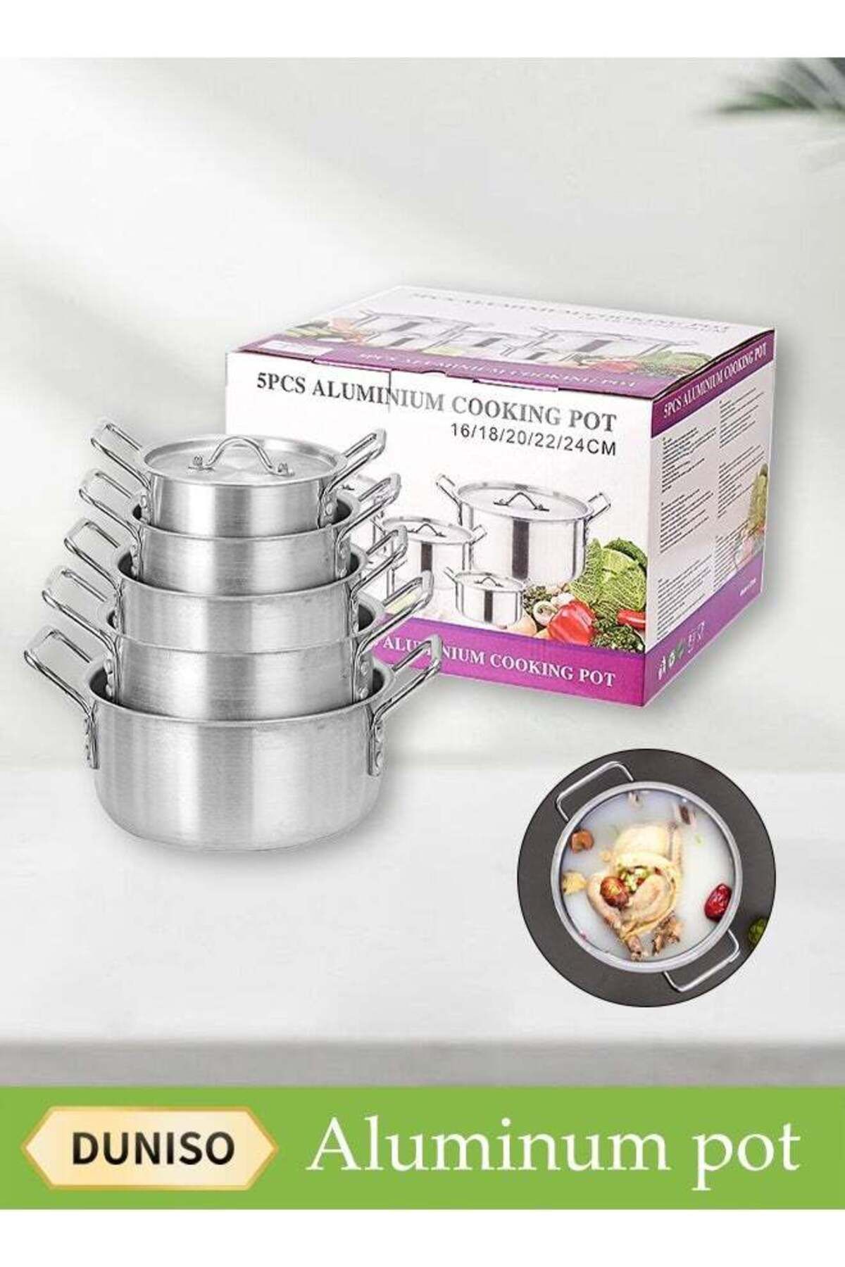 Generic-طقم أواني طهي من الألومنيوم مكون من 5 قطع مع غطاء ومقبض، كبير ومتوسط وصغير، مناسب لليخنات، 1 1