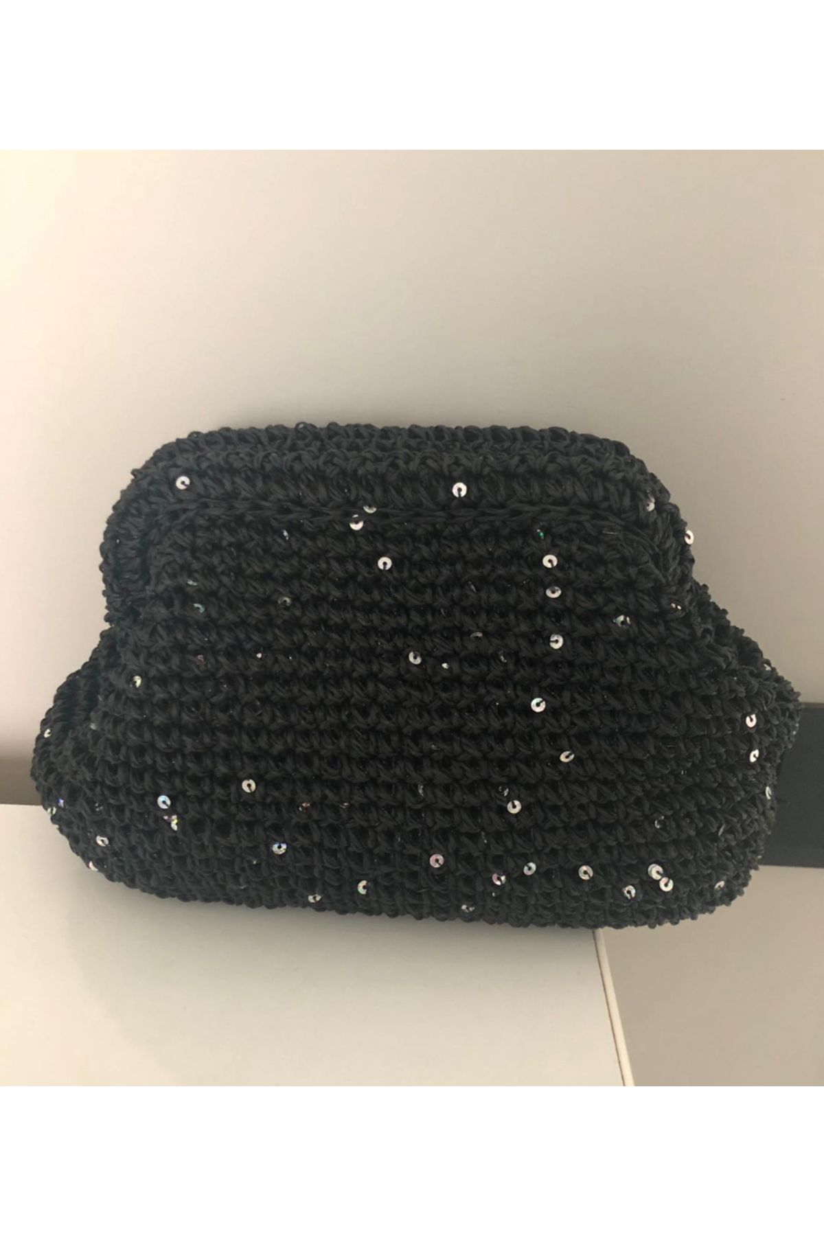 PeriStore Siyah Hasır Pullu Portföy Çanta 25x20cm El Örmesi Astarlı