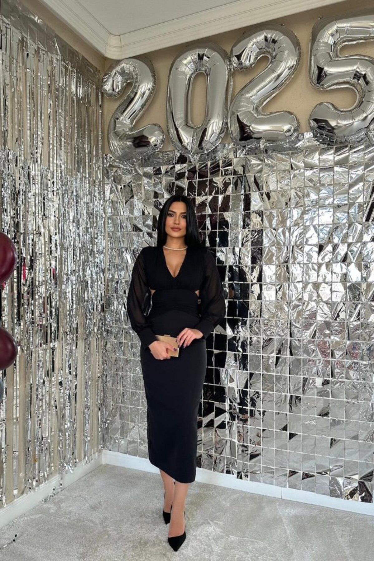 DEAG Siyah Kolları Şifon Arka Bel Detaylı Elbise