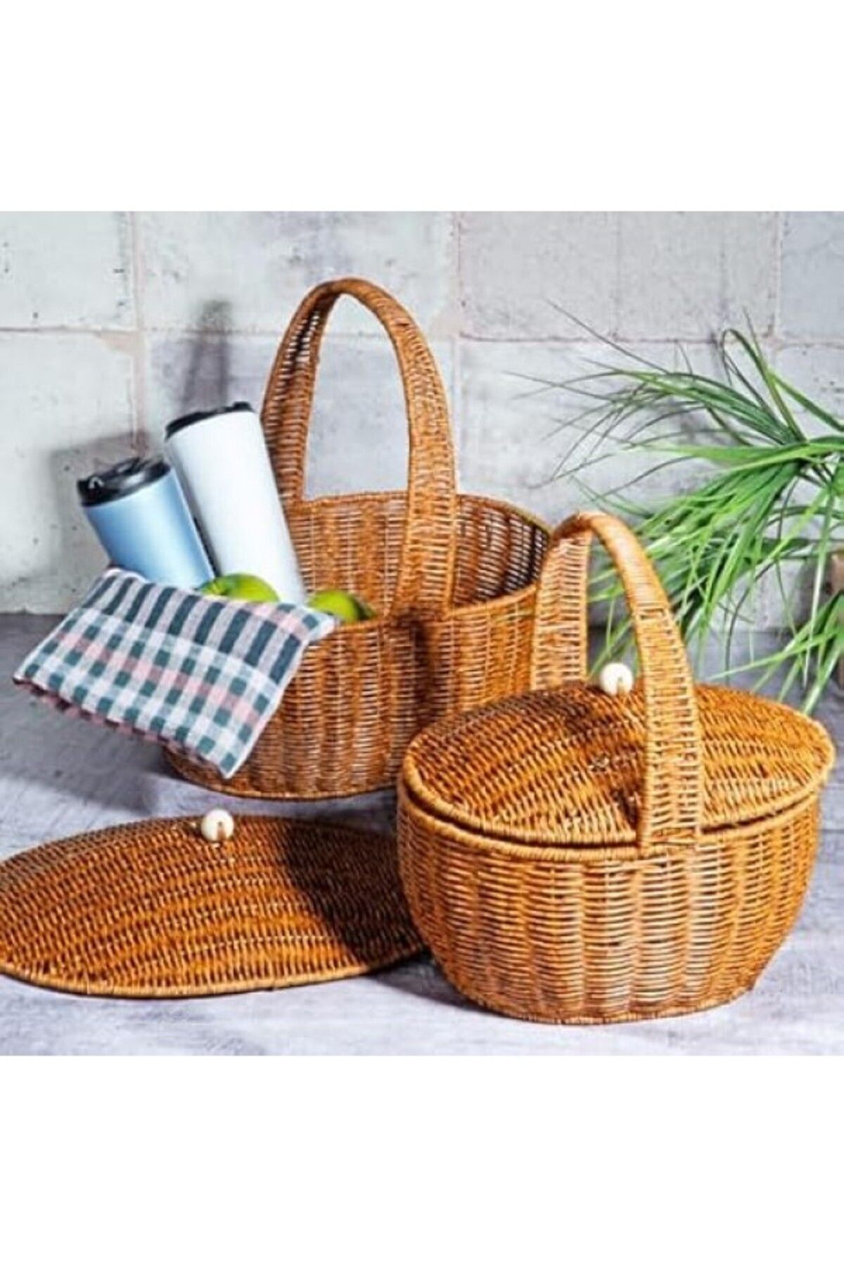 ShopZum Wicker 2&amp;apos;li Kulplu Kapaklı Hasır Piknik Sepeti Seti