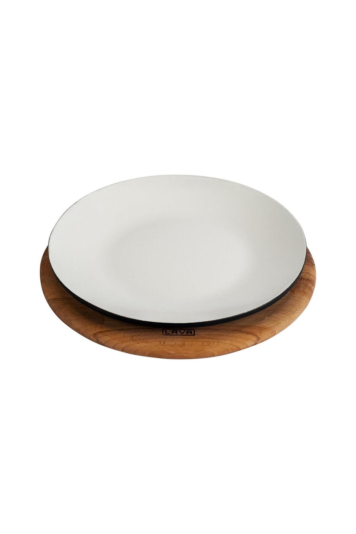 Organik Hayat Dostu Lava Döküm Yuvarlak Servis Tabağı ve Kayın Servis Ahşabı. İçi Sable Çap(Ø)25cm.