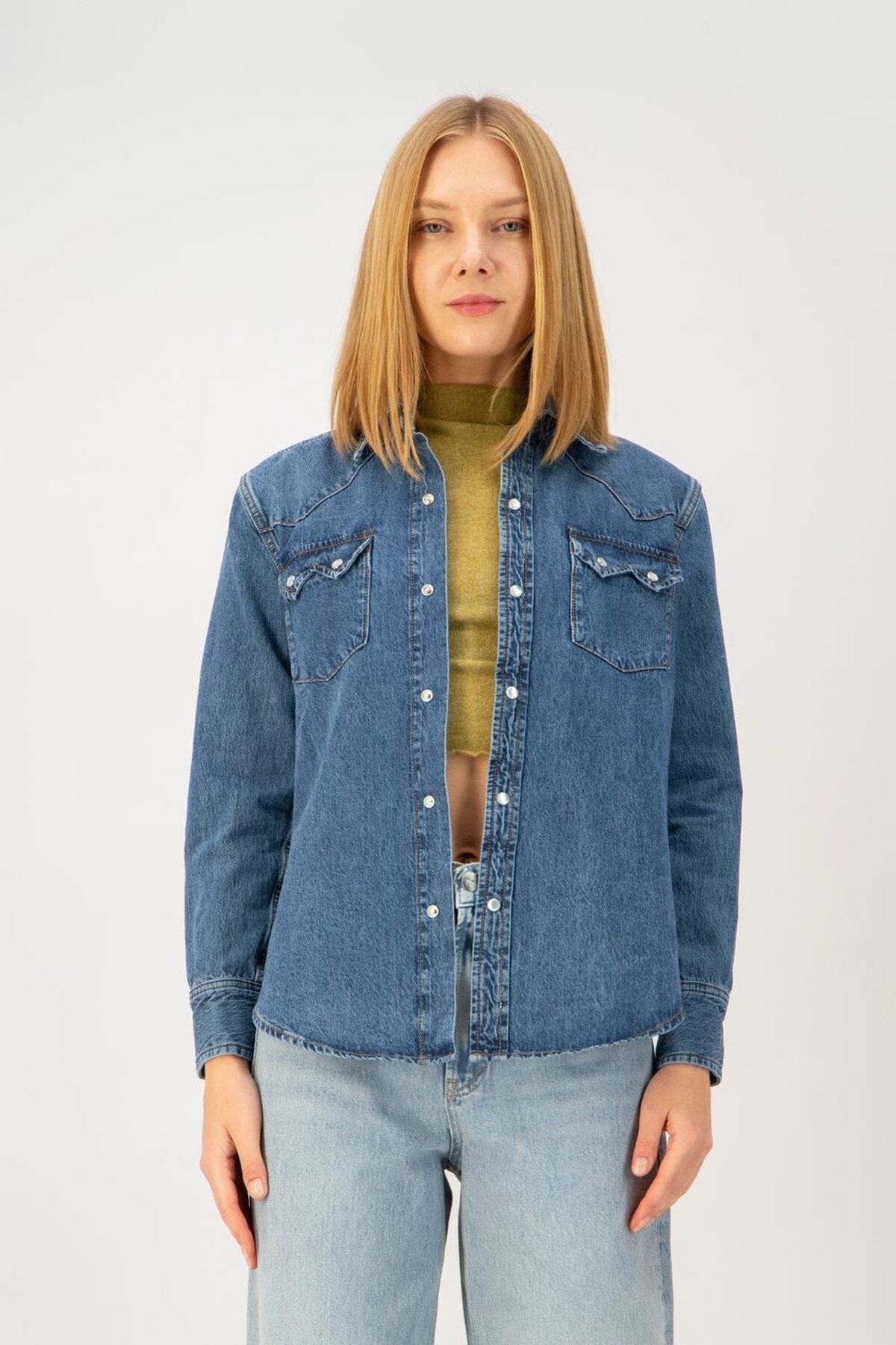 Denim Trip Western Regular Fit Çıtçıtlı Orta İndigo Kadın Jean Gömlek