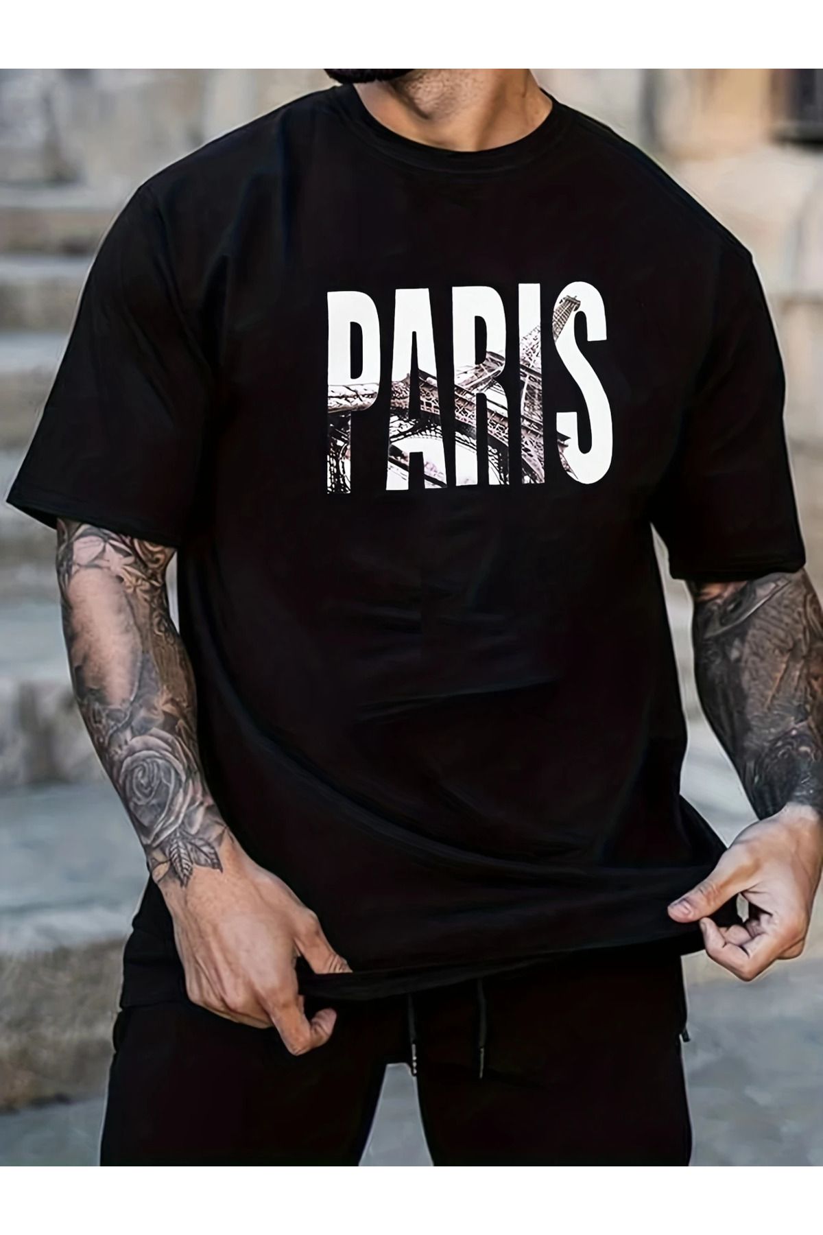 aynewmoda Erkek Paris Büyük Beden Yazlık Tişört, Günlük Tişört