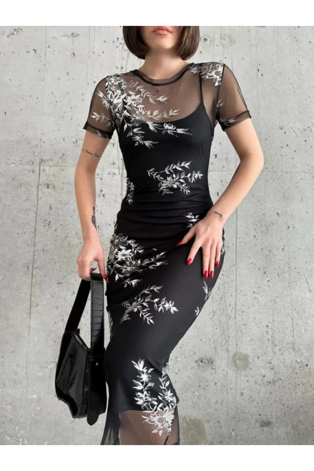 DEAG Baskılı Şifon Kimono Elbise - Siyah