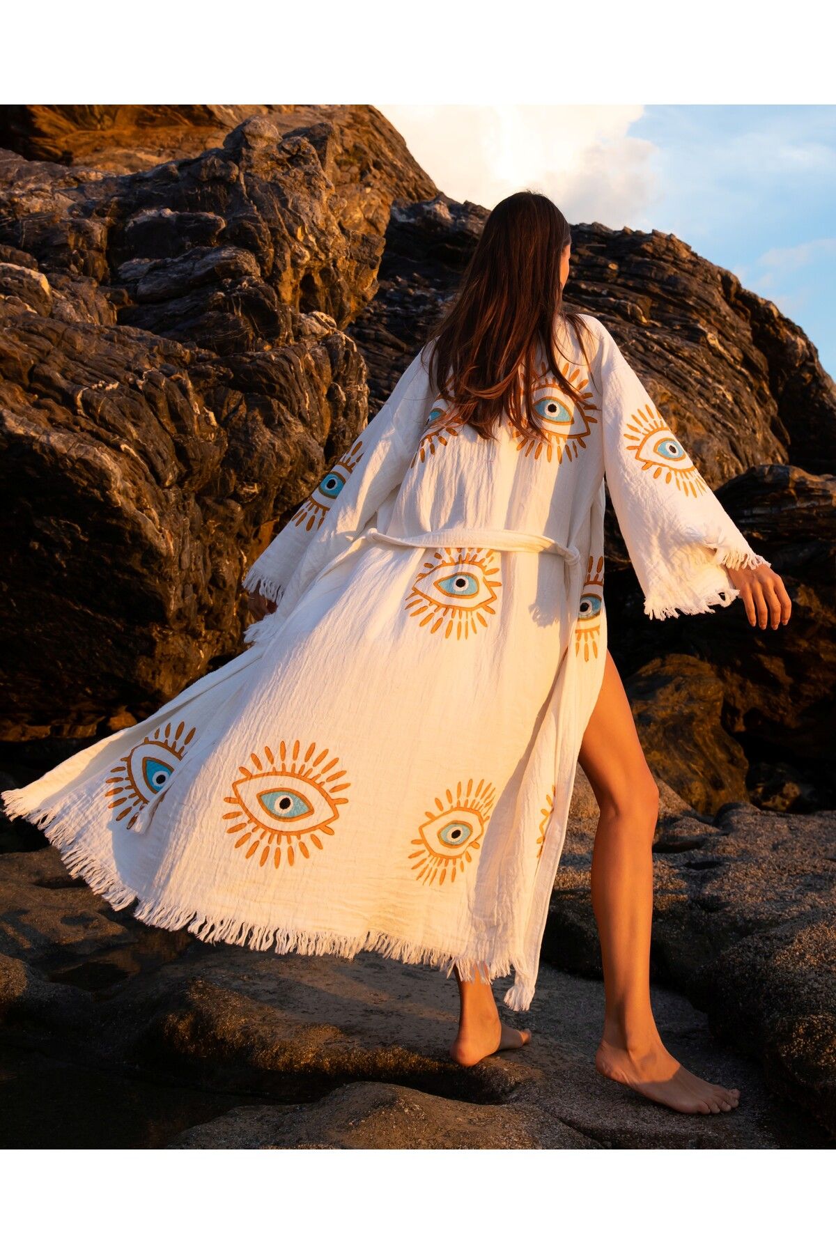 KRİZANTEM Bornoz ,plaj Kıyafeti,kimono , Kaftan ,sabahlık Mustafa Göz Desen Baskılı