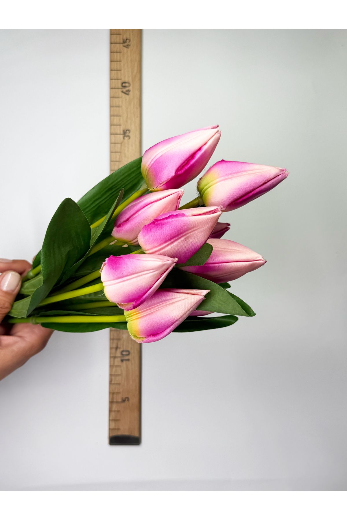 Hobi Stok 8 Çiçekli Yapay Lale Demet Islak Dokulu Yapay Çiçek - Süs Çiçeği - El Çiçeği - Plastik Çiçek - 45CM