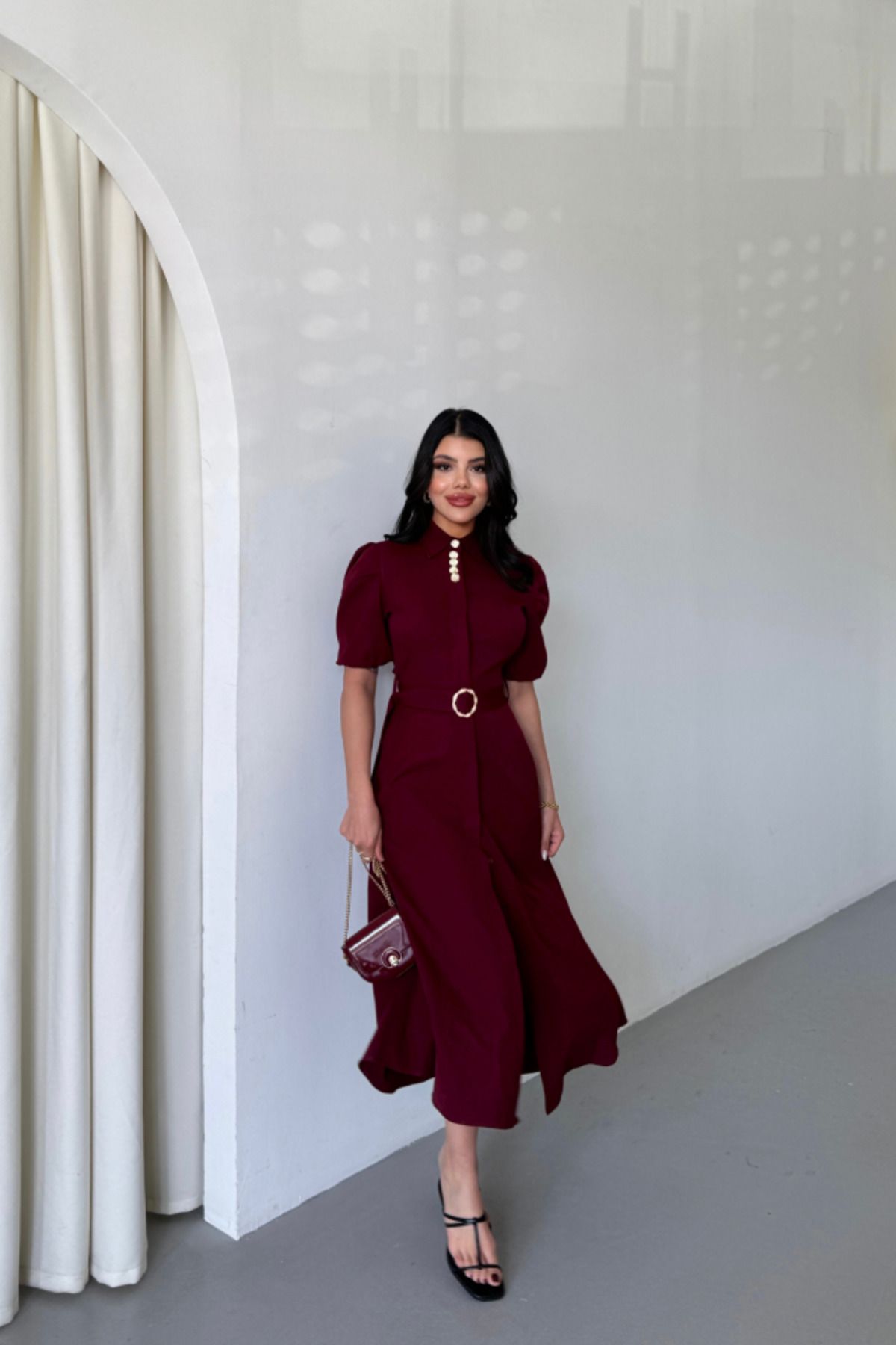 DEAG YAKA DÜĞME DETAYLI ELBİSE- Bordo