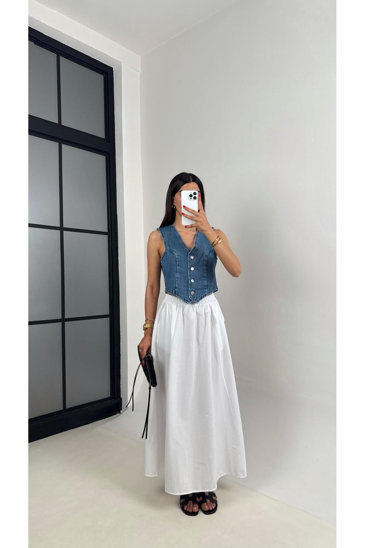Gaus Beyaz Beli Lastikli Cepli Poplin Etek Gaus00485