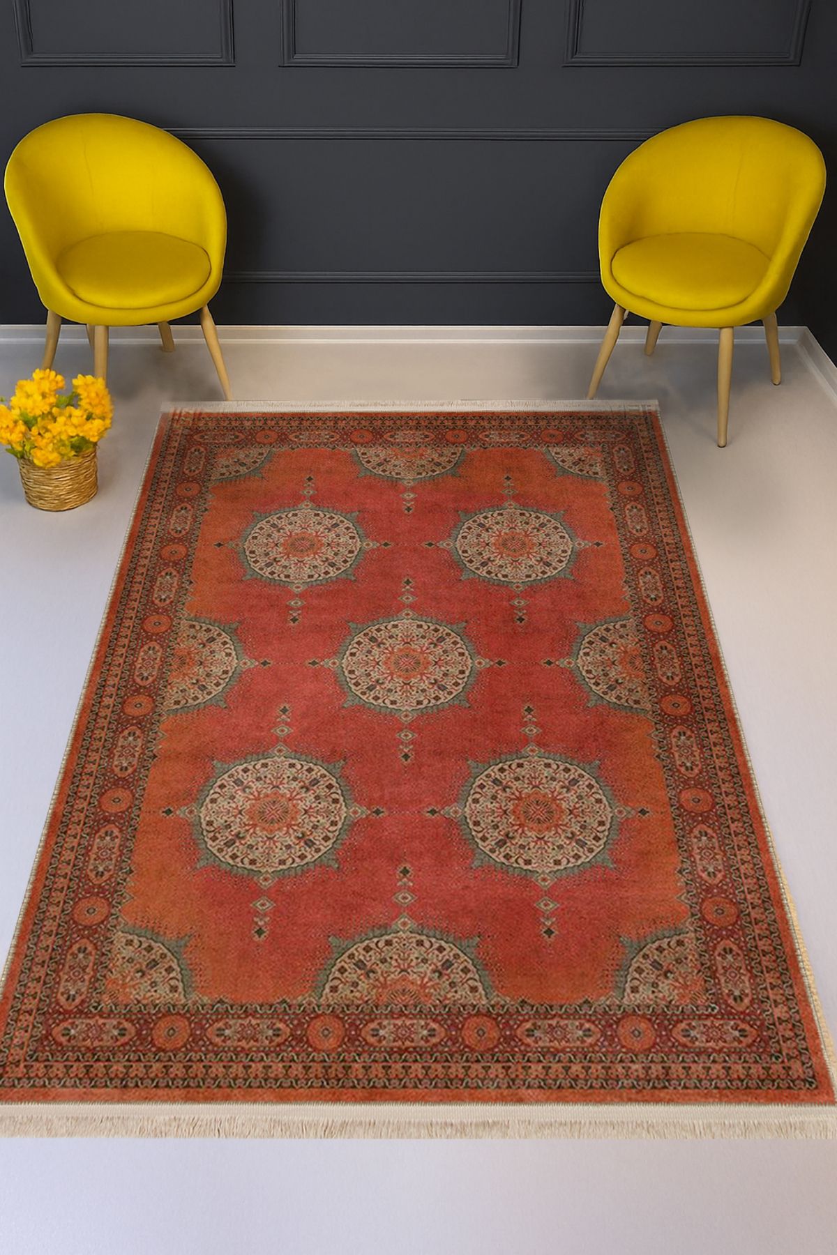 Rugs Modern Halı Leyla Koleksiyonu Eskitme Görünümlü Turuncu Geleneksel Desenli Dokuma Taban Dekoratif Halı leyla90
