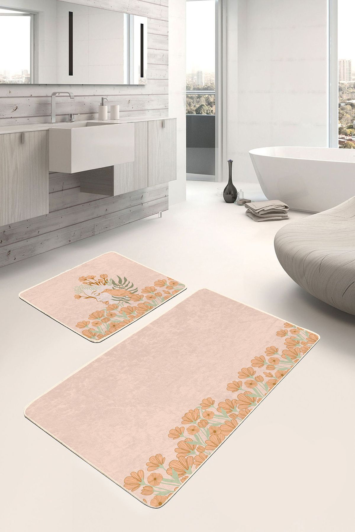 Realhomes Pembe Zemin Papatya Motifli 2'li Mutfak Halı Seti & Banyo Paspas Takımı