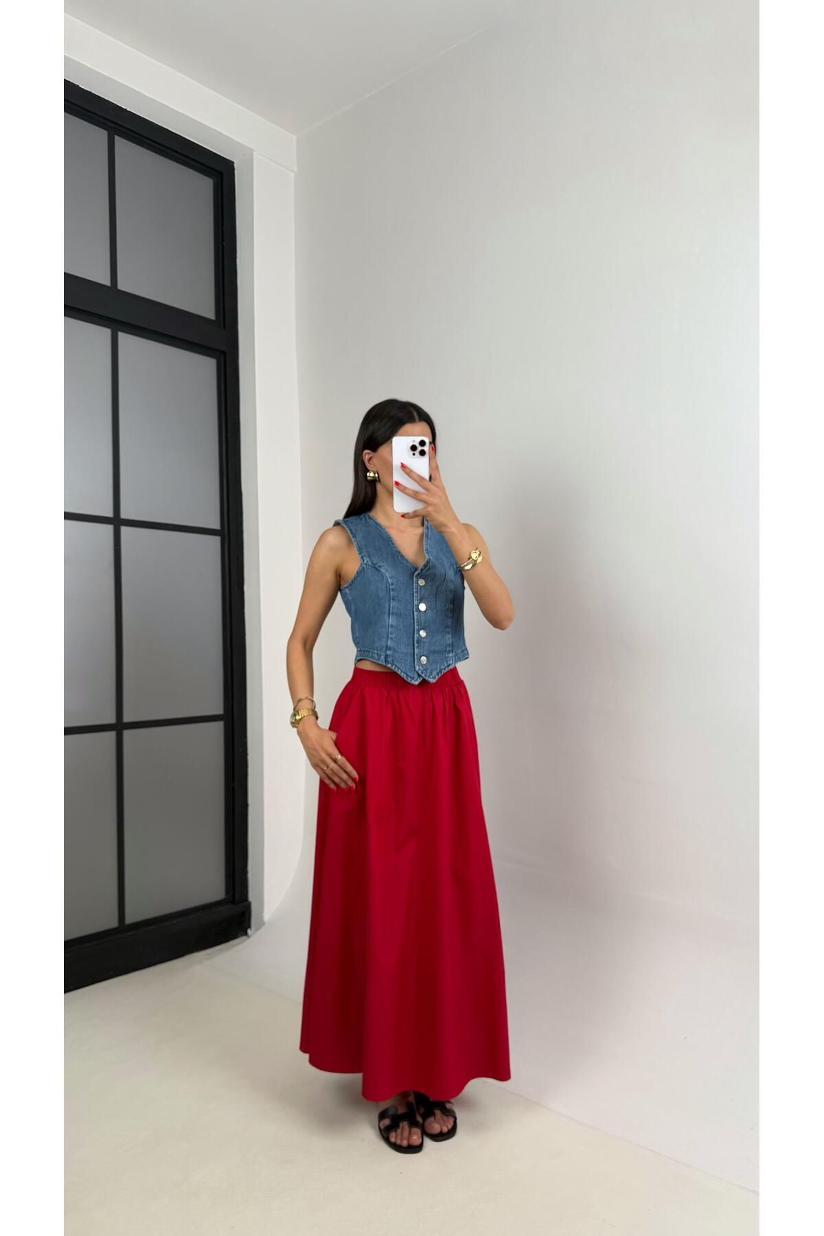 Gaus Kırmızı Beli Lastikli Cepli Poplin Etek Gaus00485