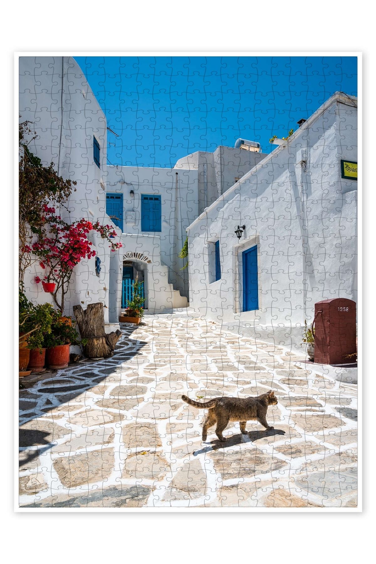 Jeronkarji Yunan köyünde kedi, Paros 500 Parça Puzzle Yapboz Kedi Köpek Temalı Doğa ve Orman Hayvanları