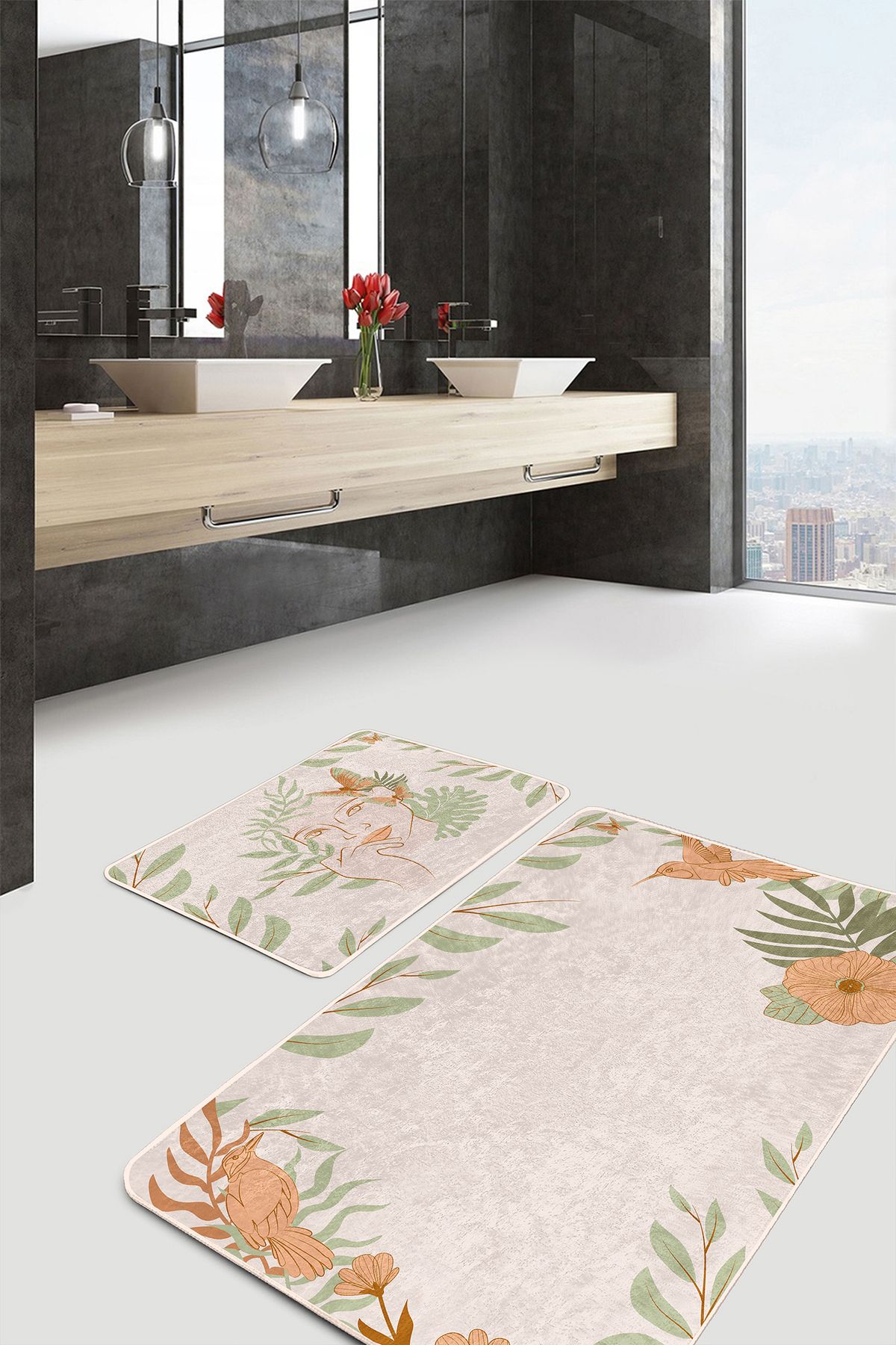 Realhomes Pembe Zemin Yaprak Tasarımlı 2'li Banyo Paspas Takımı & Klozet Paspas Seti