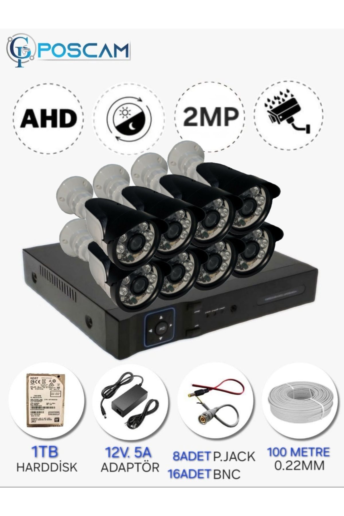POSCAM 8 KAMERALI SET - 2MP 1080P Full HD AHD, Gece Görüşlü, IP66 Su Geçirmez,