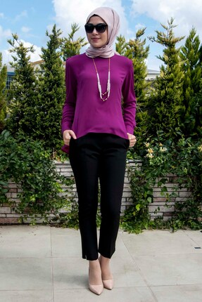 Miss Adore Butik Moda Dar Paça Bilek Boy Çift Düğmeli Yırtmaçlı Kumaş Pantolon