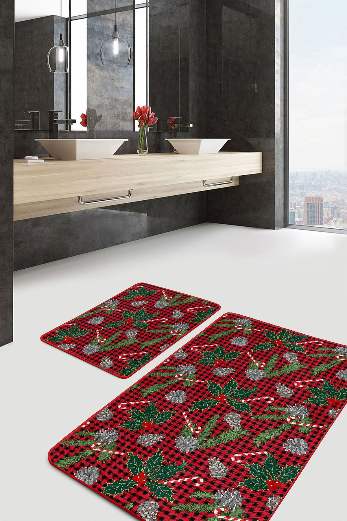 Realhomes Kırmızı Ekose Yılbaşı Tasaımlı 2'li Banyo Paspas Takımı & Mutfak Paspas Seti