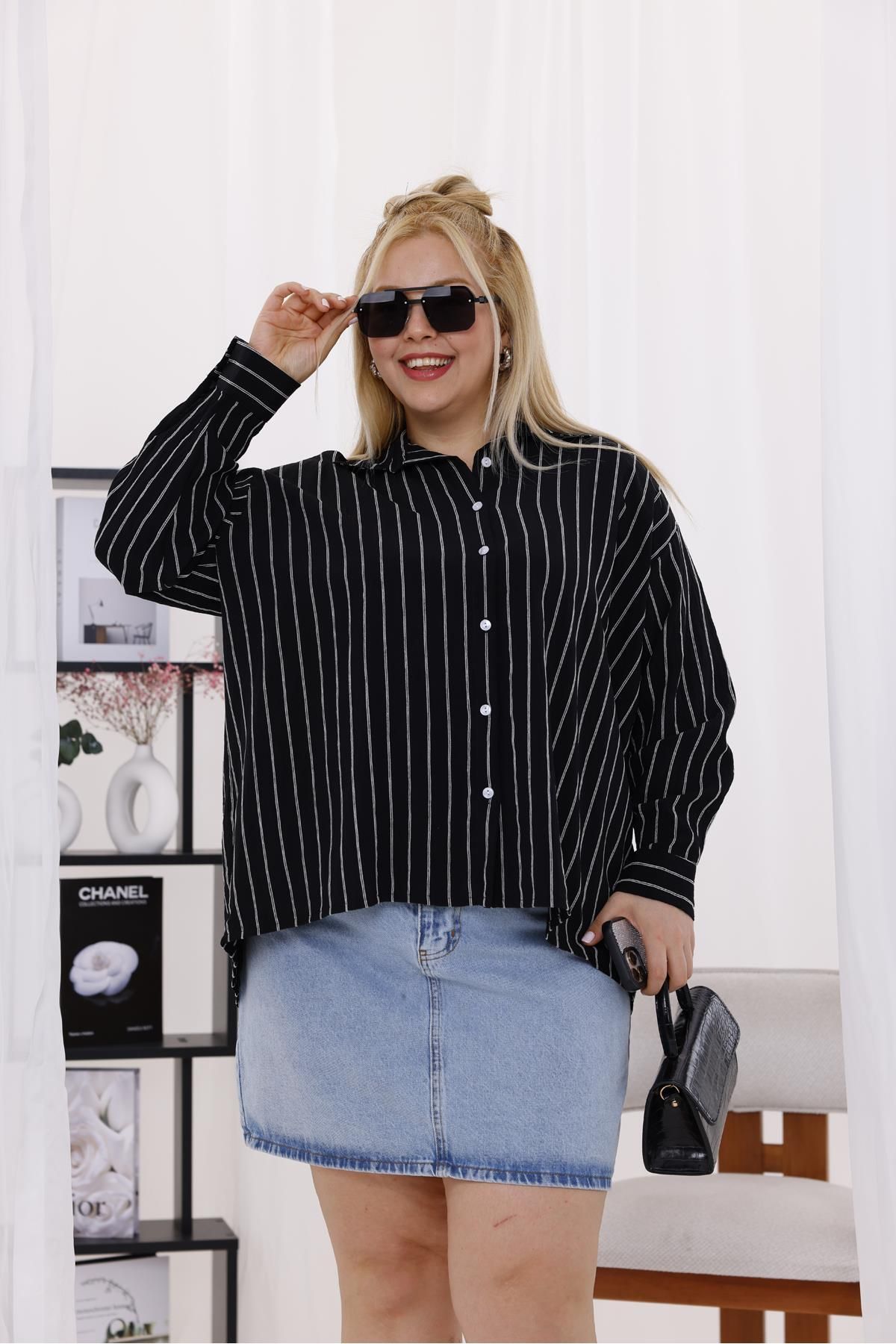 Siyezen Büyük Beden Çizgili Oversize Gömlek