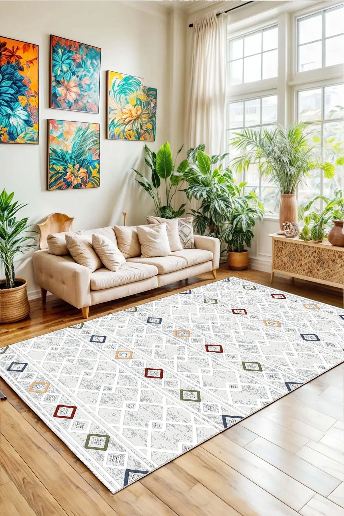 Hülya Home Salon Halısı Geometrik İskandinav Eskitmeli Dijital Baskı Yıkanabilir Kaymaz Taban 9044SALONHULYA