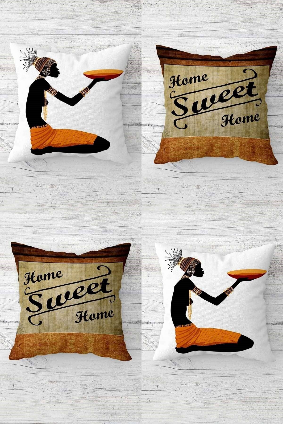 MENTEŞ HOME Home Sweet Home Bohem Afrikalı Kadın Gizli Fermuarlı Kırlent Kılıfı Koltuk Yastık Kılıfı Takım4ADET