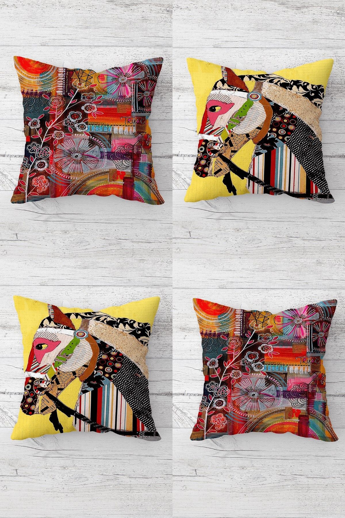 MENTEŞ HOME Patchwork At ve Çiçek Gizli Fermuarlı Kırlent Kılıfı Koltuk Yastık Kılıfı Takım(4ADET)
