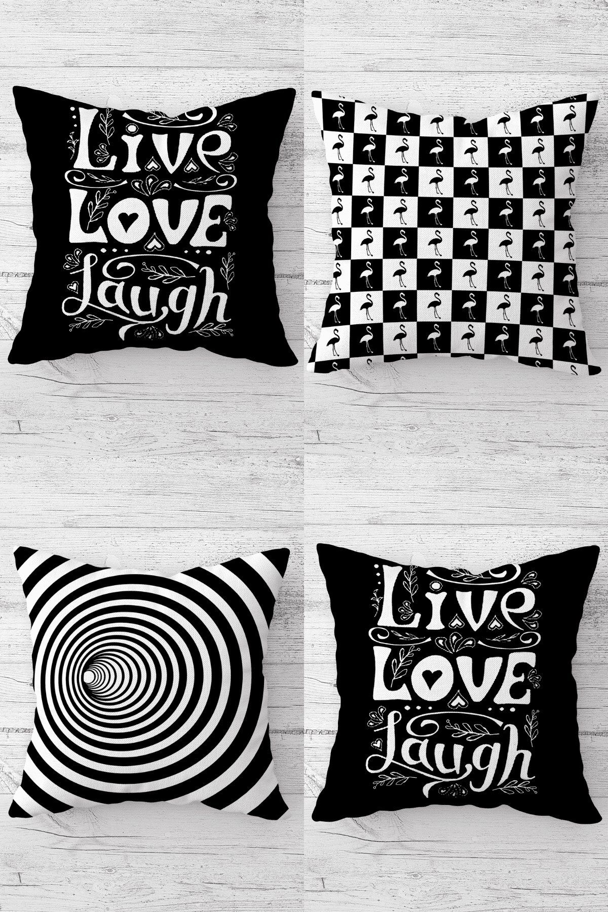 MENTEŞ HOME Live Love Laugf Fikamongo Desen Gizli Fermuarlı Kırlent Kılıfı Koltuk Yastık Kılıfı Takım(4ADET)