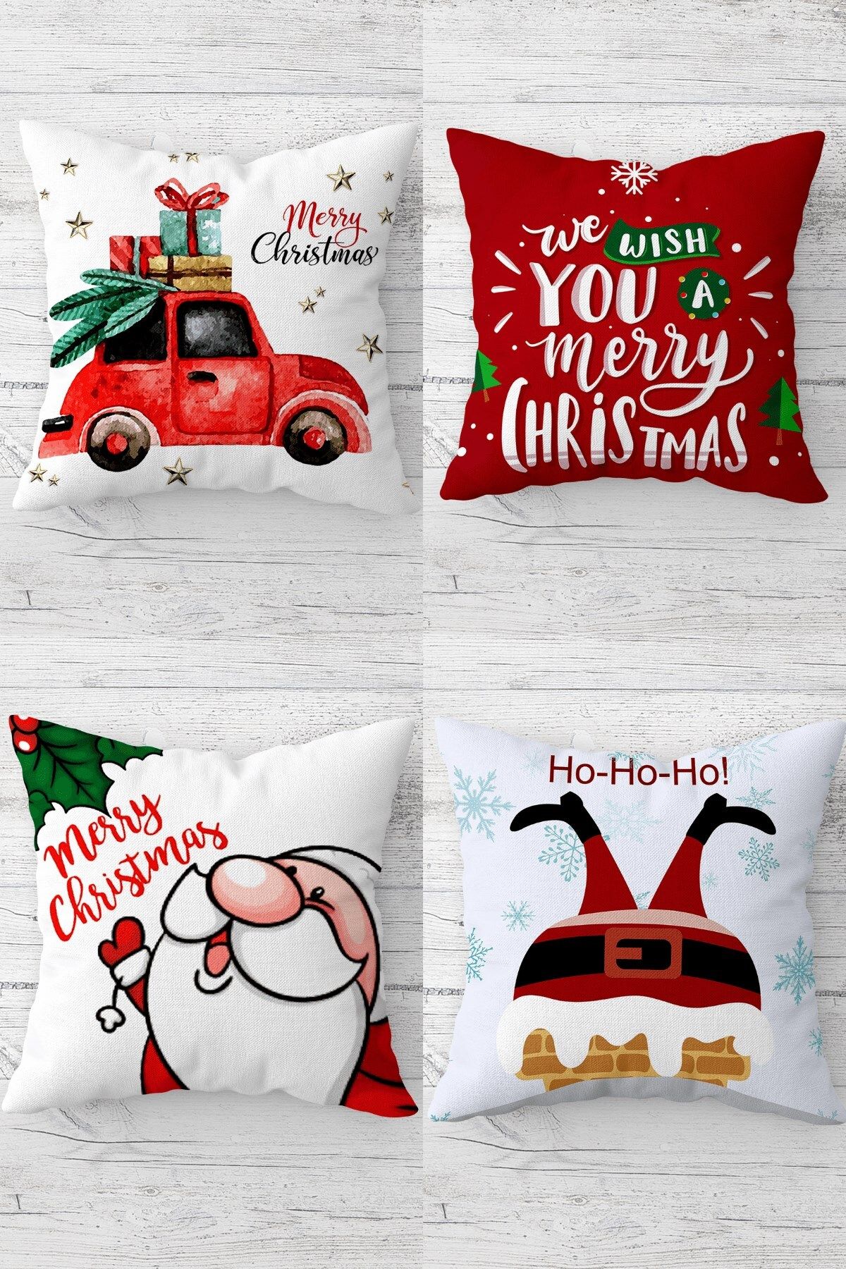 MENTEŞ HOME Noel Baba Merry Christmas Yılbaşı Gizli Fermuarlı Kırlent Kılıfı Koltuk Yastık Kılıfı Takım(4ADET)