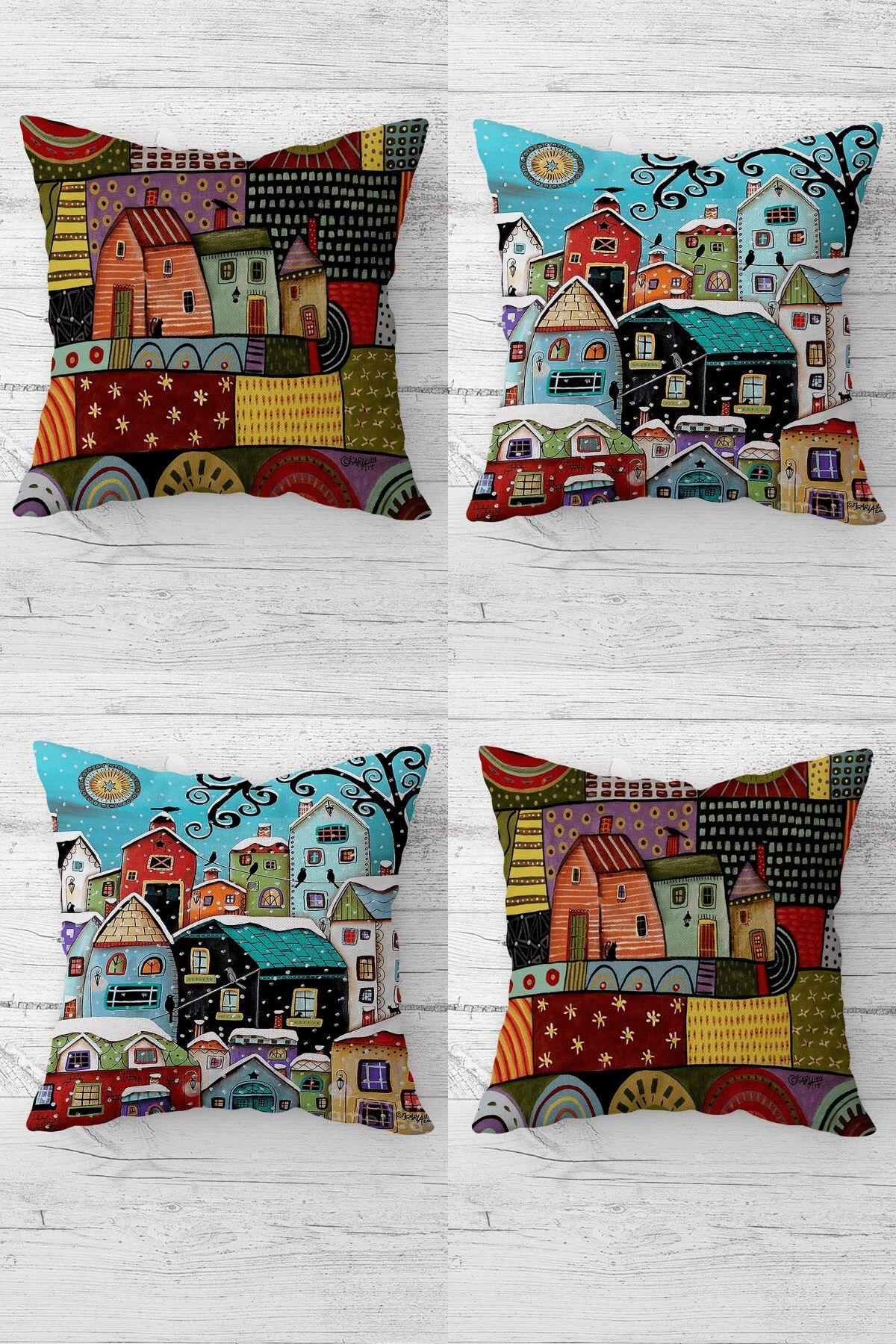 MENTEŞ HOME Patchwork Evler Desenli Gizli Fermuarlı Kırlent Kılıfı Koltuk Yastık Kılıfı Takım(4ADET)