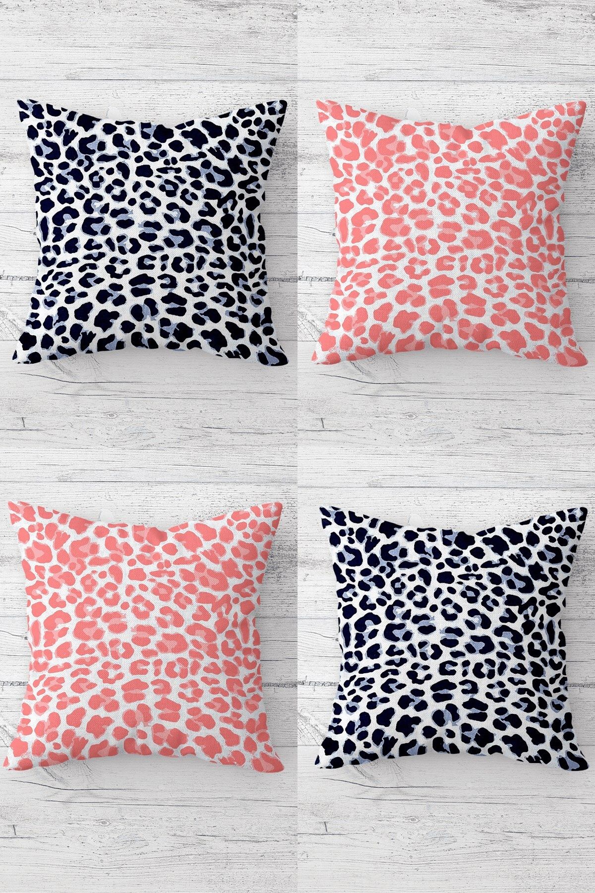MENTEŞ HOME Pembe Mavi Leopar Desenli Gizli Fermuarlı Kırlent Kılıfı Koltuk Yastık Kılıfı Takım(4ADET)