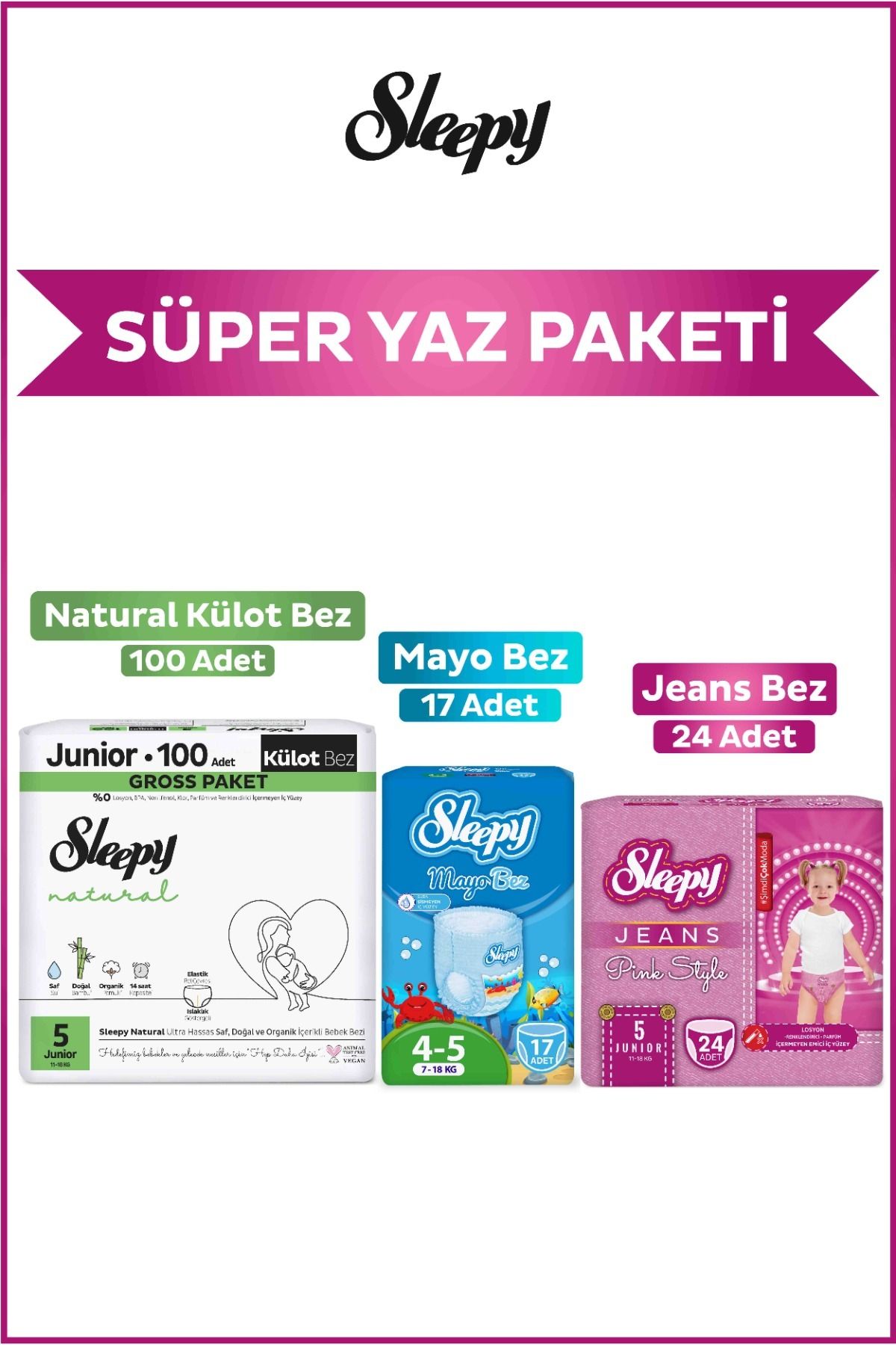 Sleepy Pink Jeans Külot Bez 5 Numara 24 Adet+Mayo Külot Bez 17 Adet+Natural Gross Külot Bez 100 Adet