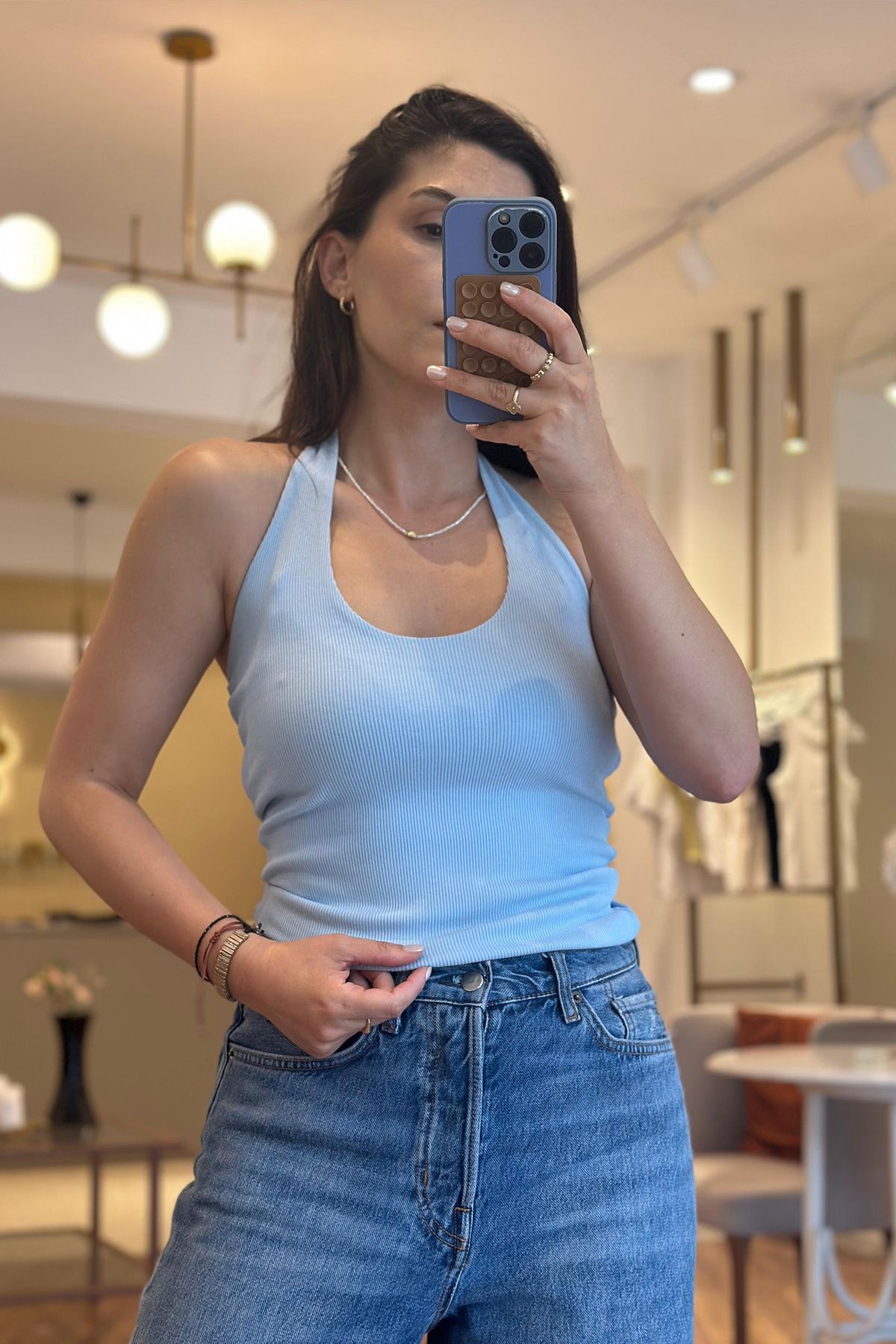 Unique Boutique Bebe Mavi Boyundan Kalın Askılı Likralı Basıc
