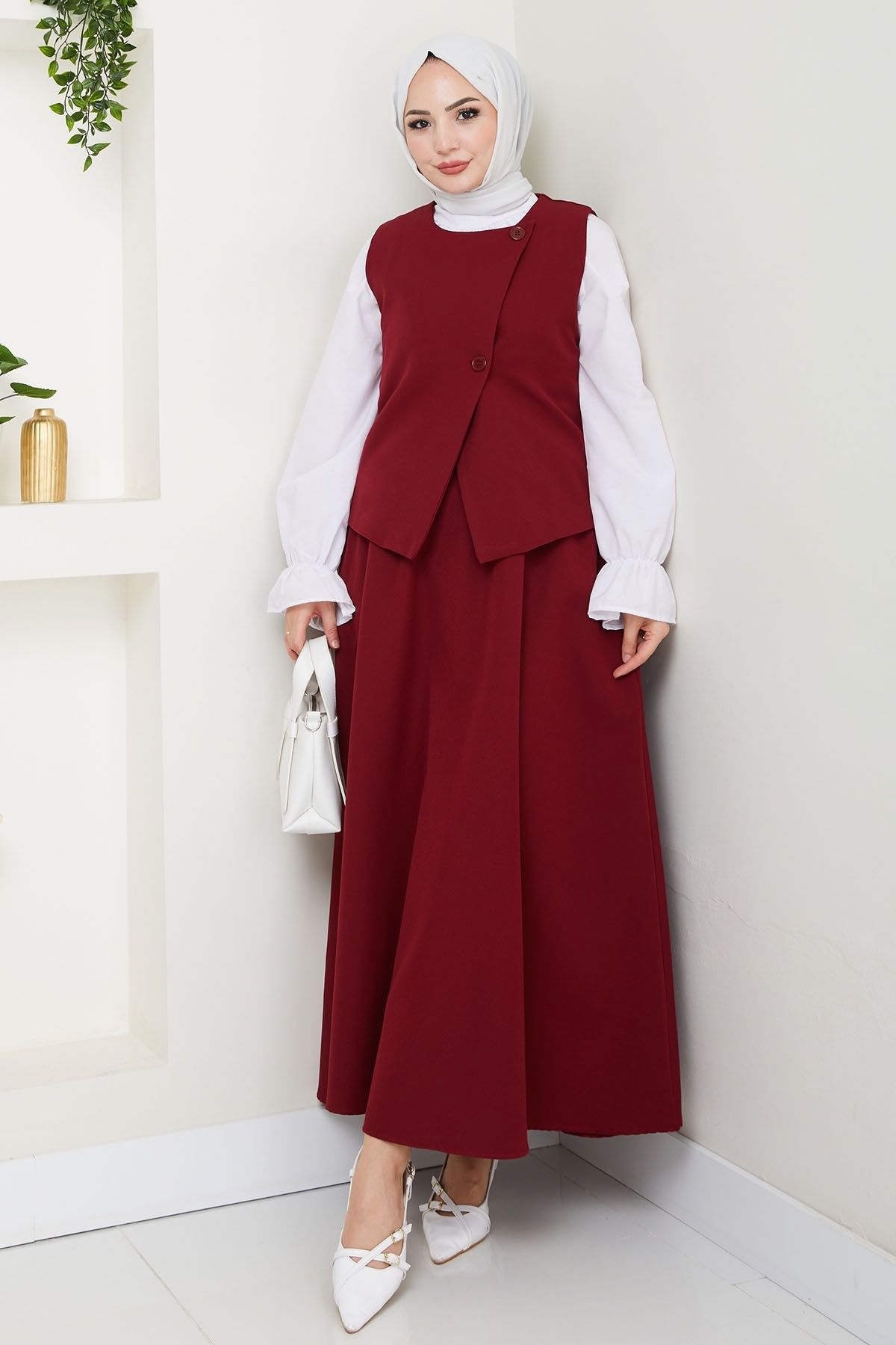 InStyle Asimetrik Yelekli ikili Takım Bordo